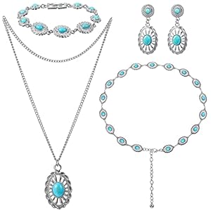 Haysandy 4 Pcs Turquoise Western Jewelry Sets for Women Bohemian Vintage Concho Necklace Classic Dangle Earrings Bracelet Belt