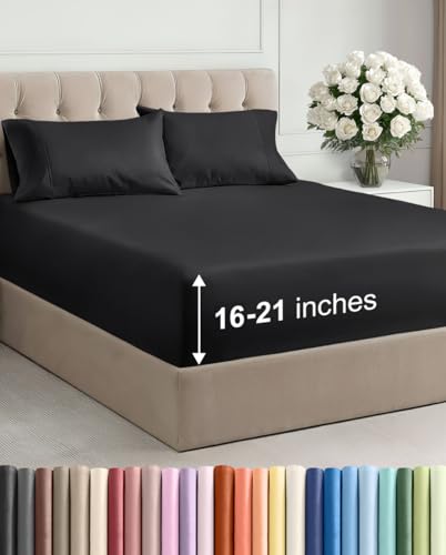 GIGBEI breathable cooling bed sheets, ultra-soft, 16 to 21 inch extra deep pockets, hotel luxury bedding, queen size sheet set, fade resistant, wrinkle resistant, black, piece