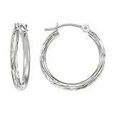 14k White Gold Hand Engraved Full Diamond-cut Round Hoop Earrings (18mm (0.7 inch))
