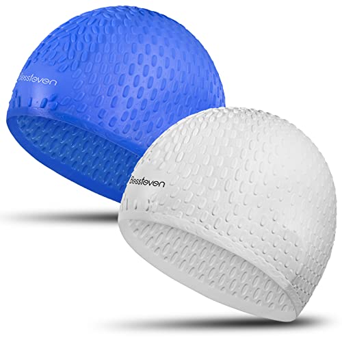 2 Pack Swim Caps For Women Men: Anti Slip Durable Flexible Silicon Swimming Caps For Adults Youths, Comfortable Waterproof Tearproof For Short/Long Hair To Keep Hair Dry Blue + White #TOP9