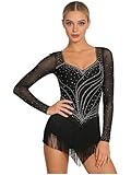 Nyeemya Vestido de Baile Latino Maillot con Flecos para Mujer Manga Larga con Pedrería Brillante Vestido Baile de Salon Profesional Rumba Vals Chachachá Negro M