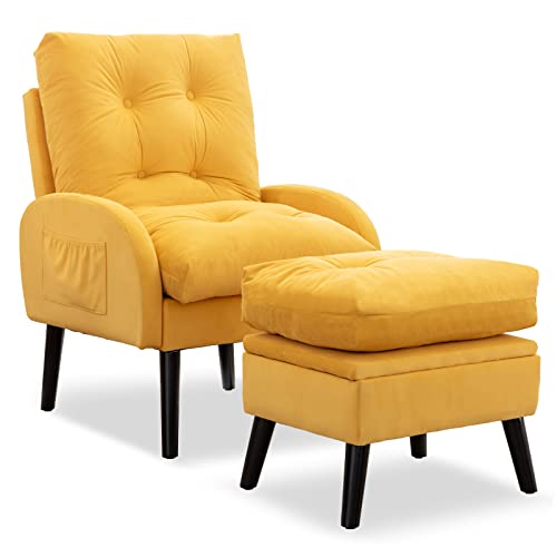 Ttgieet Accent Recliner Chair With Ottoman With Storage, Modern Velvet Armchair With Adjustable Backrest And Side Pocket, Single Sofa Chair Lounge Chair For Living Room, Bedroom, Office (Yellow) #TOP2