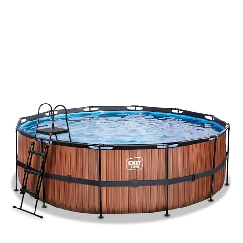 EXIT Toys Wood Pool - ø427x122cm - Piscina de Marco Redondo Grande con Bomba de Filtro de Cartucho - Piscina Extra Profunda - Marco Robusto - Incluye Escalera de Piscina - Diseño Único - Marrón