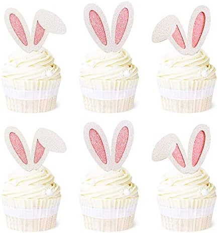 Ercadio 24 Pack Easter Bunny Ear Cupcake Toppers, Glitter Rabbit Ears Cupcake Picks, Easter Day Cake Toppers for Easter Theme Spring Birthday Baby Shower Party Supplies