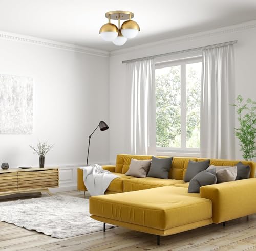 Image of Globe Flush Mount 3-Light Ceiling Light, Mid Century Modern Brass Gold Ceiling Light Fixture with Globe White Frosted Glass Shade for Bedroom Hallway Entryway Kitchen Living Room