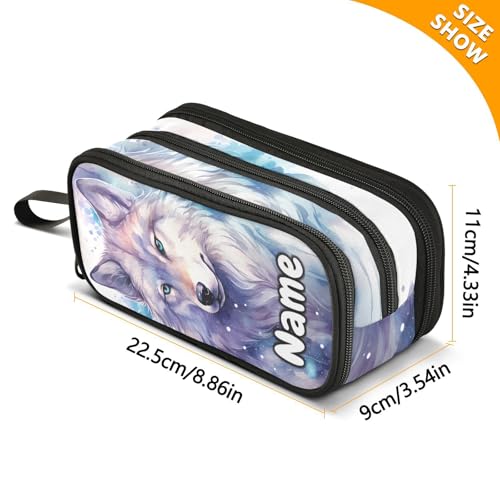 Image of Custom Wolf Watercolor Pencil Case Box Boys Girls Personalized Name Large Pencil Pouch Stationery Pen Bag Organizer for Kids Adults School Office