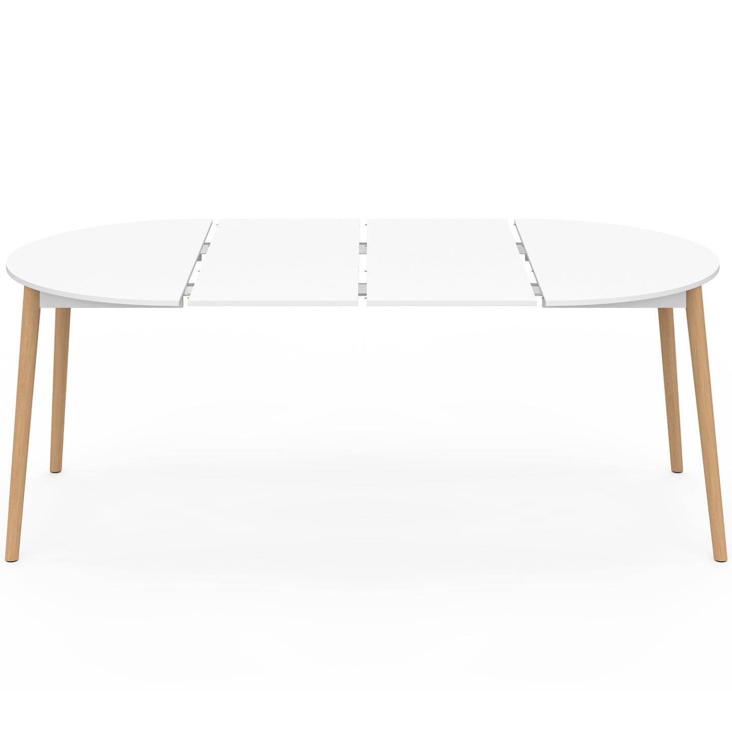 IDMarket Angela – Mesa de comedor extensible redonda para 4 – 10 personas, color blanco y pie madera 110 – 200 cm