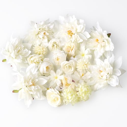 ZIGefofo 26 Stück Kunstblumen Köpfe 2-10cm Verschiedene Sorten Künstliche Deko Blumen Mini Fake Blumenköpfe Kunstblume Flowers Künstlich Dekoblumen für Tortendeko Hochzeit DIY Handwerk Deko (Weiß)