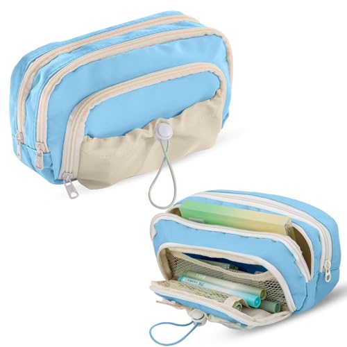 Image of Mrsdry Pencil Pouch for Girls - Multiple Compartment Zipper Pouch with Drawstring Pocket, Aesthetic Kawaii Pencil Case, Cute Pouches, Return Gift for Kids (Blue)