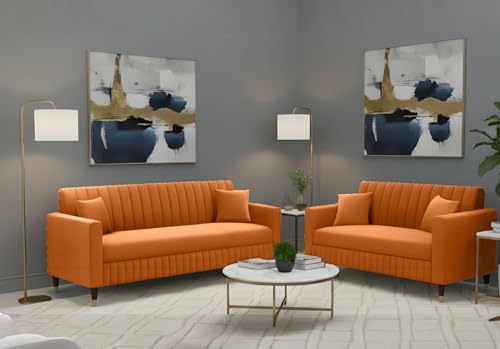 Image of AMATA Omega 3+2 Seater Orange Suede Velvet Fabric Sofa Set with Two Cushions Perfect for Home Office Guests Living Room (06 Orange, Omega 3+2 Seater Sofa)(3 Year Warranty)