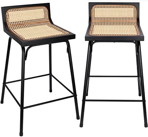 Counter Height Bar Stools, Bar Stools Set of 2, Rattan Bar Stool, Black Dining Room Chairs Metal Bar Stools for Kitchen Counter Mid Century Modern Chair Boho Wicker Bar Stools 24 inch Counter Stools