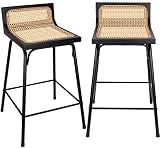 Counter Height Bar Stools, Bar Stools Set of 2, Rattan Bar Stool, Black Dining Room Chairs Metal Bar