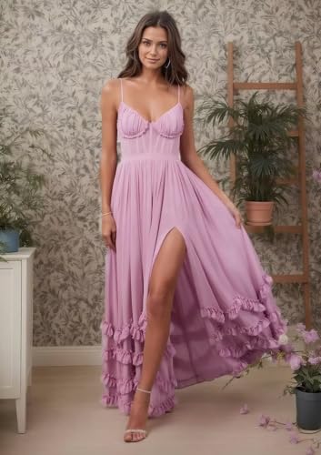 SNOWROSE Chiffon Ruffle Bridesmaid Dresses for Women V Neck Corset Spaghetti Straps Ruched Long Formal Dress with Slit2