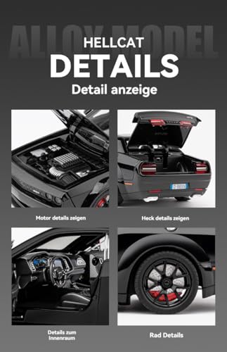 Image of Dodge Challenger SRT Hellcat 1:24 Diecast Car - Metal Model with Openable Doors, Sound & Light, Pull Back Action - Realistic Collectible Toy Car for Kids & Adults- Black