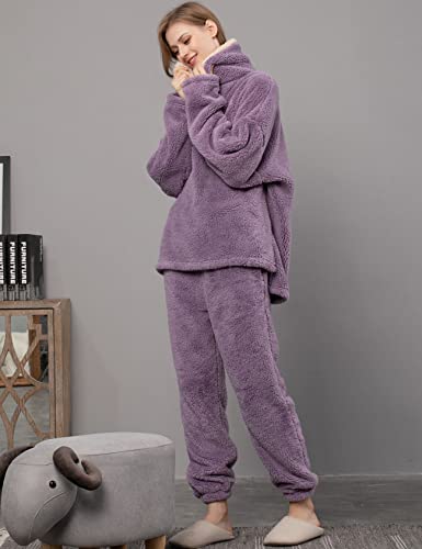 Flygo Women's Fleece Pajamas Sets Fluffy Sleepwear Warm Sherpa Pullover Pants With Pockets (Purple-L) #TOP2