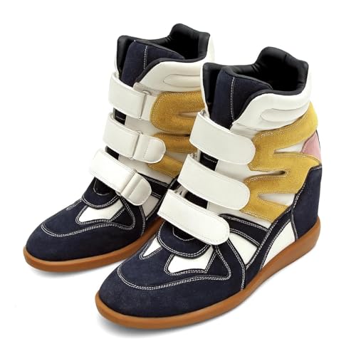 Image of Dsevht Hidden Wedge Sneakers for Women High Top Fashion Sneaker Suede High Heel Platform Tennis Triple Strappy Band Casual Vintage Dressy Comfy Campus Trendy Retro Sneaker