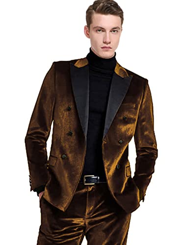 Men's 2 Pieces Velvet Suit Slim Fit Peak Lapel Double Breasted Blazer Tuxedo & Pants