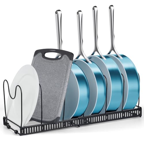 XSUPER Expandable Pot and Pan Organizer for Cabinet, Kitchen Storage Accessories Pot Rack Organizer, Pans and Pots Lid Organizer Rack Holder with 7 Adjustable Compartments, Black