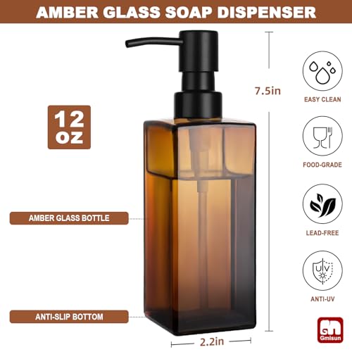 Image of GMISUN Amber Glass Soap Dispenser, Hand Soap Dispenser with Stainless Steel Pump for Bathroom, 12 fl oz /350ml Refillable Dish Dispensers for Kitchen, Modern Liquid Lotion Bottles for Countertop