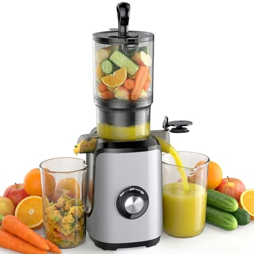 Image of NEWBULIG Cold Press Juicer Machines for Vegetables & Fruits, Silver | Slow Masticating Juicer Machine with Reverse Function, 4.25 inch Feed Chute, Stops Oxidation and Easy to Clean