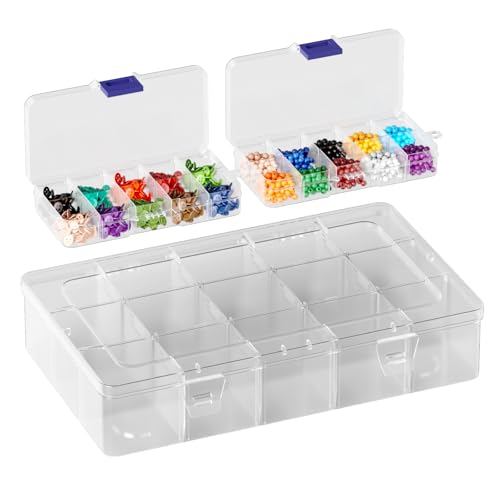 3 Stück Plastik Sortierbox, Aufbewahrungsbox mit 10/15Fächer, Einstellbar Sortimentskasten, Sortierboxen für Kleinteile, Sortierkasten Kleinteile für Perlen Schmuck Ohrringe Haargummi Schrauben