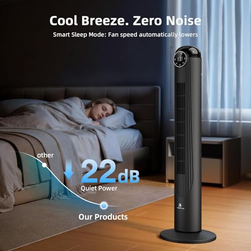 Image of Antarctic Star Tower Fan, 41 Inch DC Motor Bladeless Oscillating Fan with Remote, 6 Speeds & 4 Modes, LED Display, 9H Timer, Quiet Floor Standing Fan for Bedroom Living Room Office, Black
