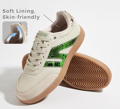 Image of LUCKY STEP Women Retro Gum Sole Fashion Sneakers | Genuine Leather Classic Tennis Skate Walking Shoes Anti Slip Trainers