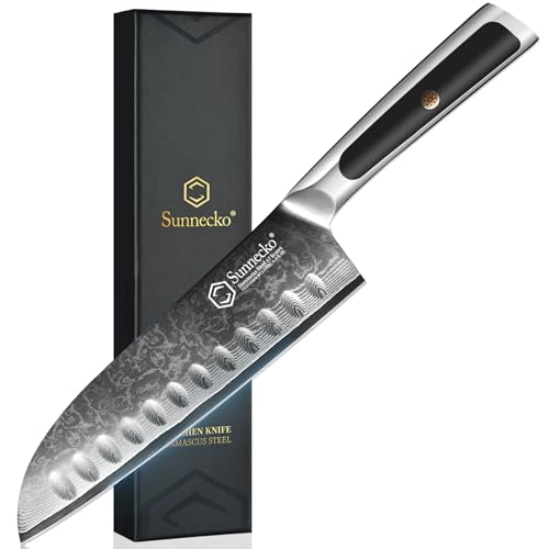 Sunnecko Kitchen Knife Japanese Damascus Santoku Knife 7 Inch, Sharp Chopping Knife for Cutting Vegetables, Meats, Fruits
