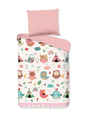 Good Morning Kinder Bettwäsche 135x200 Wise Eulen Herzen Indie rosa 33044