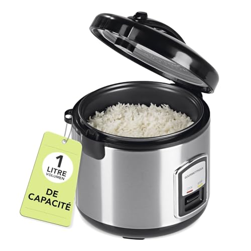 GOURMETmaxx cuiseur à riz compact & vapeur 1 L avec panier vapeur, cuve, spatule et verre doseur. Fonction maintien au chaud, idéal pour célibataires et petites familles, compatible lave-vaisselle.