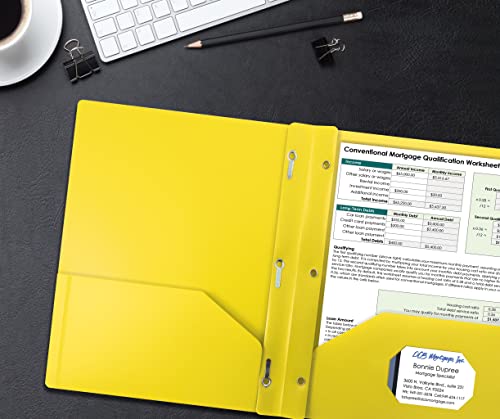 Better Office Products Yellow Plastic 2 Pocket Folders With Prongs, Heavyweight, Letter Size Poly Folders, 24 Pack, With 3 Metal Prongs Fastener Clips, Yellow #TOP1
