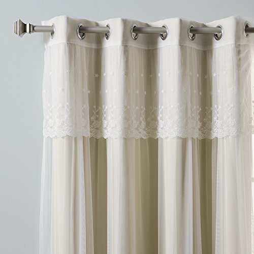 Best Home Fashion uMIXm Tulle Sheer with Attached Valance & Solid Blackout 4 Piece Curtain Set – Stainless Steel Nickel Grommet Top – Beige – 52" W x 84" L – (2 Curtains & 2 Sheer Curtains)