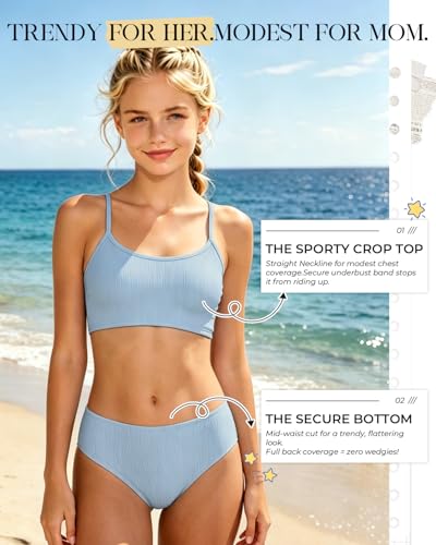 Image of Century Star Girls Ribbed 2-Piece Bikini Swimsuit - Fully Lined Modest Bathing Suit for Teens & Tweens