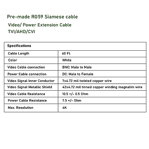 60 Ft Pre-Made Rg59 Siamese Cable Tvi/Ahd/Cvi Video/Power Extension 4K Cable, Bnc: Male To Male, Dc: Male To Female, Acn-Siam60F #TOP2
