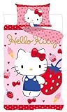 BrandMac Parure de Lit Enfant Hello Kitty Original 135x200cm + Taie d'oreiller 80x80cm | 100% Coton Doux & Respirant | Housse de Couette Réversible Motif Fraise, Cœur, Glace