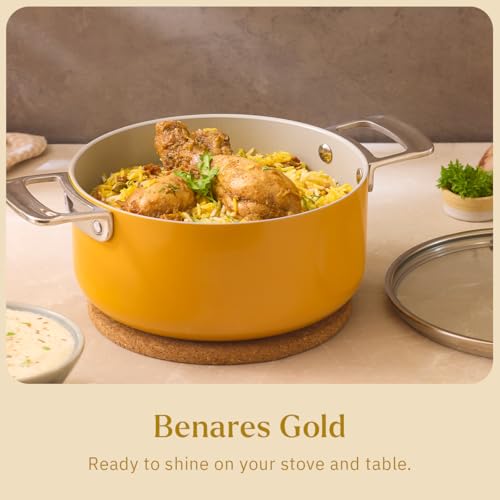 Image of Ember Cookware Arcilla Ceramic Dutch Oven 20 cm, 2.6L with Glass Lid | 75% Less Oil Usage | Non Stick Induction Cookware | ISI Certified | Biryani Pot | Steel Handle | 5-Year Warranty | Benares Gold