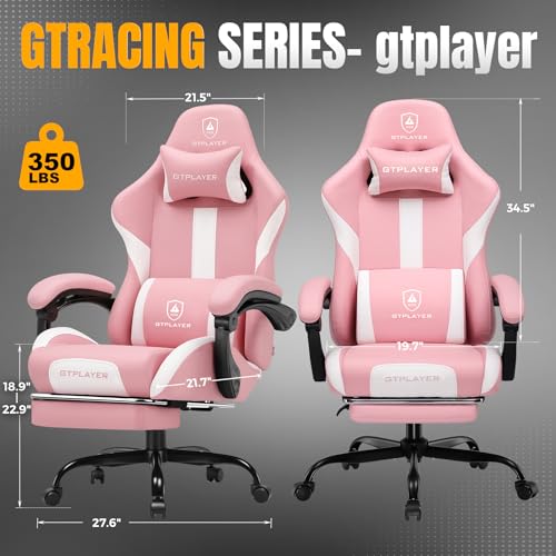 GTRACING Gaming Chair with Foot Rest & Pocket Spring Cushion, Ergonomic High Back Computer Chair with Headrest & 360°-Swivel Seat for Home Office Desk, PU Leather, Pink