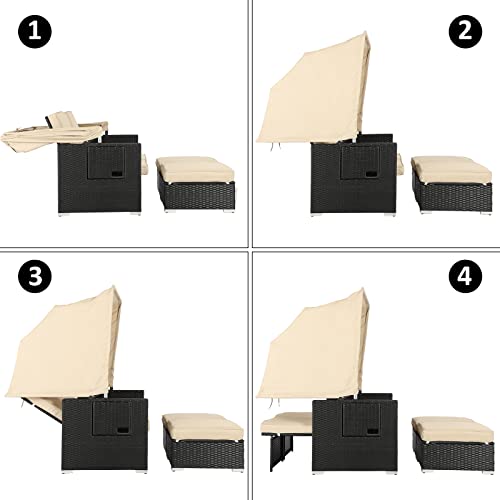 Leisu Outdoor Patio Furniture Sunbed With Retractable Canopy, Pe Wicker Rattan Rectangle Sectional Sofa Set Clamshell Sectional Seating With Washable Cushions For Lawn Garden Backyard Poolside (Khaki) #TOP5