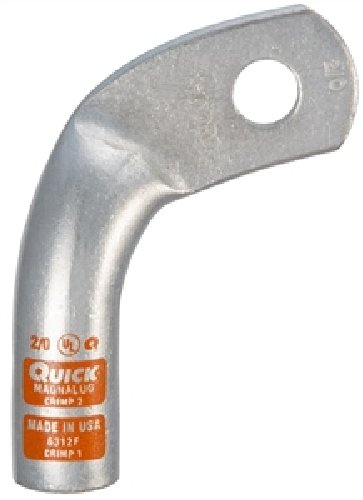 6312-005F Right Elbow MagnaLug, 2/0 Gauge, 3/8" Stud Hole, Tin Plated Copper, RoHS and UL/CUL Certified, 2.79" Length x 2.03" Width (Pack of 5)