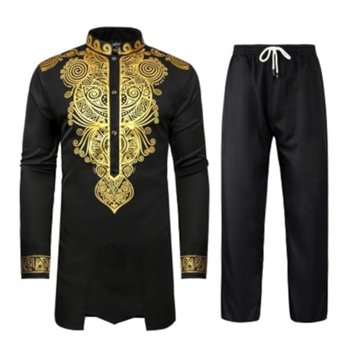 Chemises manches longues africaines et pantalon assorti imprimé or dashiki