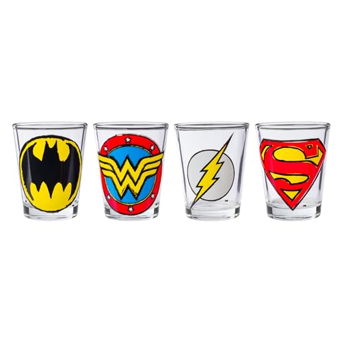 DC Comics Superhero Logos Mini Glasses 4 Pack, 1.5oz each