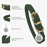 BRONZEDOG Hundehalsband aus gerolltem Leder mit QR-ID-Tag, verstellbar, weiche runde Halsbänder für kleine, mittelgroße und große Hunde, Welpen, Katzen (Smaragdgrün, 23-28 cm)