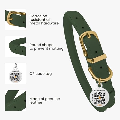 BRONZEDOG Hundehalsband aus gerolltem Leder mit QR-ID-Tag, verstellbar, weiche runde Halsbänder für kleine, mittelgroße und große Hunde, Welpen, Katzen (Smaragdgrün, 23-28 cm)