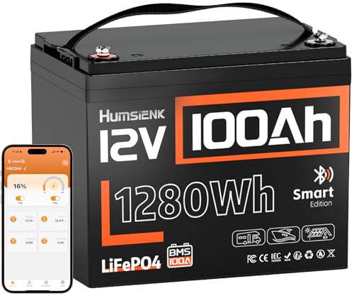 Image of HumsiENK 12V 100Ah LiFePO4 Lithium Battery with Bluetooth (Group 24), 15000+ Deep Cycles Battery, Built-in 100A BMS & Low-Temp Protection, Max. 1280 Energy for RV /Boat /Off-Grid /Home Backup