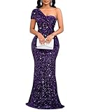 Cololura Women Sexy Sequin One Shoulder Mermaid Formal Party Cocktail Gowns Bodycon Evening Maxi Dress Purple