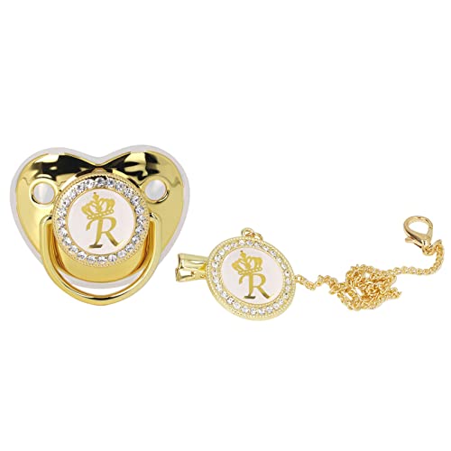 Image of Golden Pacifier, Personalized Bling Pacifier with Pacifier Clips and Anti-Dust Cover for Newborn Birthday Photography(Letter R)