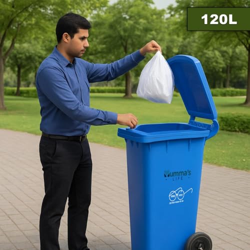 Image of Mumma's LIFE Plastic Manual-Lift 120 Ltr Wheel Garbage Dustbin with Lid & Wheels (Blue)