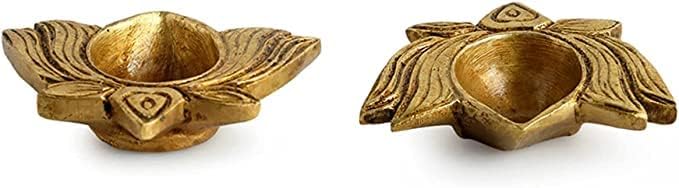 Miniatura 3 de Juego de 2 lámparas de aceite tradicionales indias de Lotus Pooja Puja Diya en metal antiguo chapado en oro antiguo, artículos tradicionales