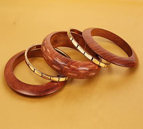 Image of Touchstone wood bracelets for women bangle wooden jewelry handmade artisan bangles natural handcrafted brown olive stylish chunky boho bohemian bracelet brass metal inlaid woods stackable