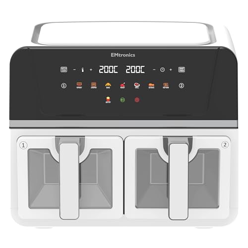 EMtronics 9L Dual Zone Air Fryer with Windows 2400W Family Size 8 Preset Cooking Mode Match Cook & Smart Finish Functions 9 Litre - White